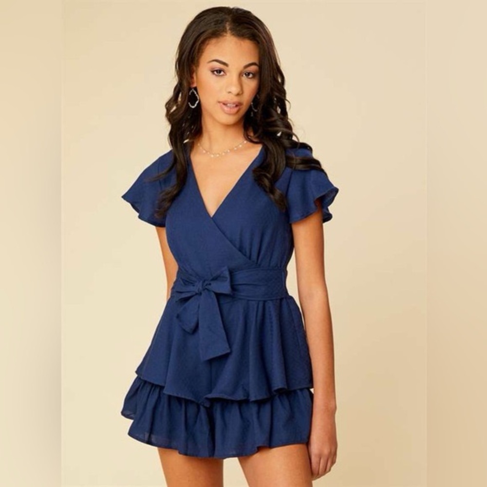 NWT Altar'd State Flutter Sleeve Ruffle Navy Romper